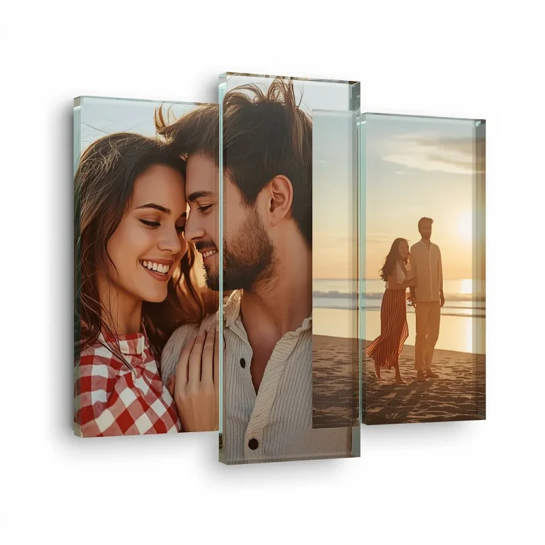 A Floating Glass Panel Collage of a Romantic Beach Couple | Premium Floating Glass