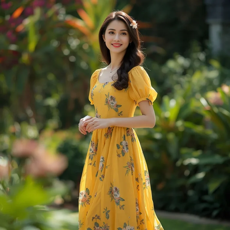 A Lovely Young Woman in a Vibrant Floral Midi Dress | Young Woman Radiating