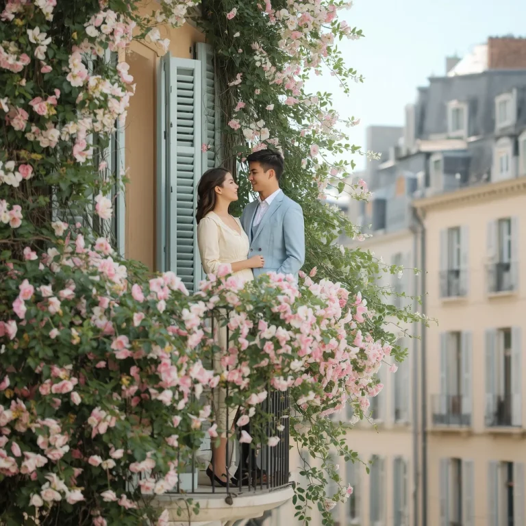 A Romantic Couple in Pastel Suits on a Flower Balcony | Romantic Portrait Young