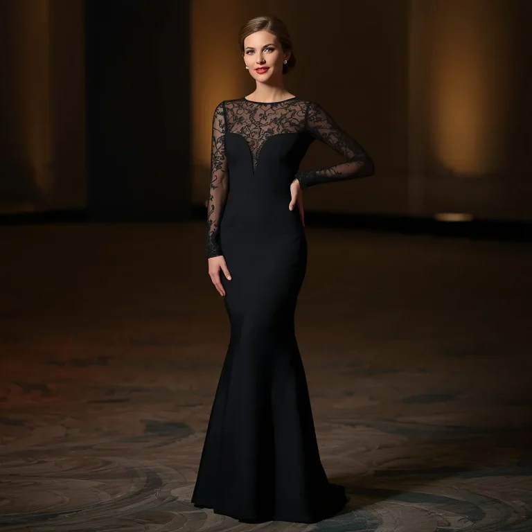 Elegant Black Gown with Sheer Lace Detailing for Sophisticated Affair | ai image generator prompt