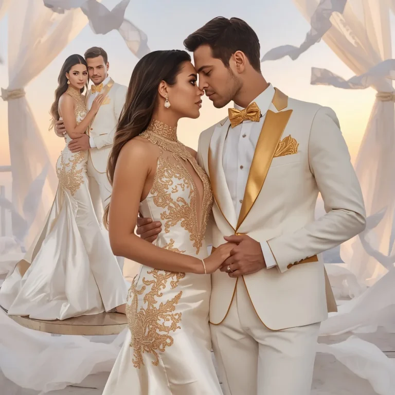 Romantic Couple In White And Gold Party Attire Three | Couple Prompts Generator