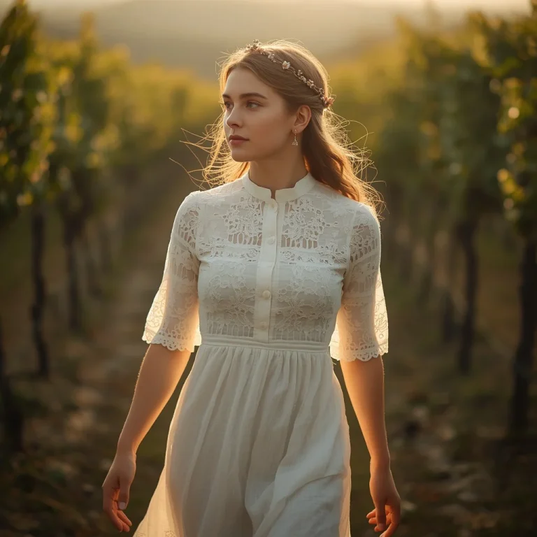 Romantic White Cotton Eyelet Dress in a Vineyard | indian girl ai prompt