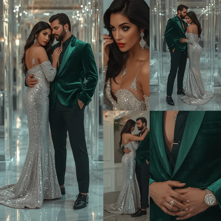 Stunning Hollywood Glamour Couple In Emerald And Silver Outfits Four | Romantic Couple Prompt