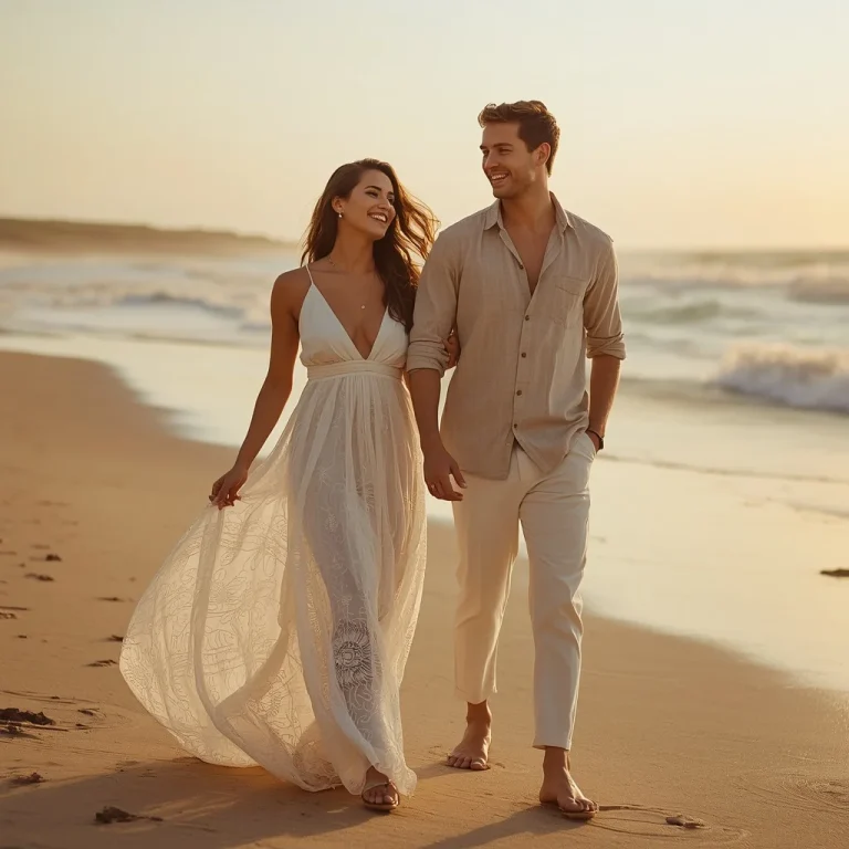 The Golden Sands of Luxury Bohemian Beach Couture | Prompt seen couple hug