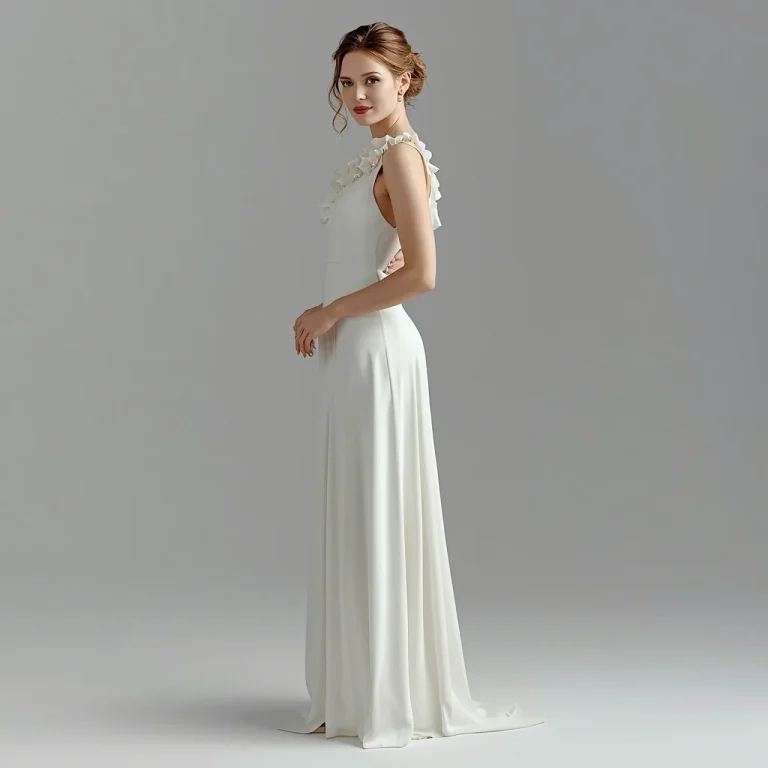 Timeless Grace in a White Column Gown with Delicate Ruffles | secret ai prompt