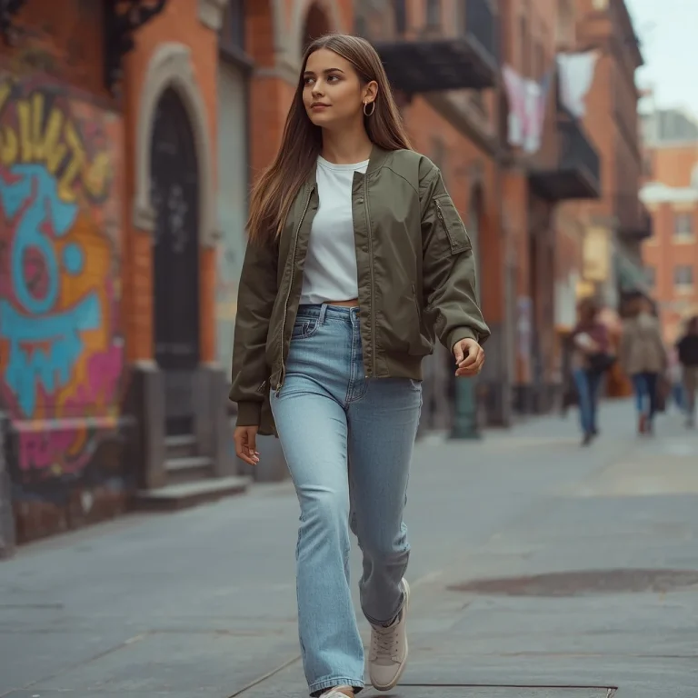 Urban Exploration: Girl in a Bomber Jacket and High-Waisted Jeans | traditional prompt