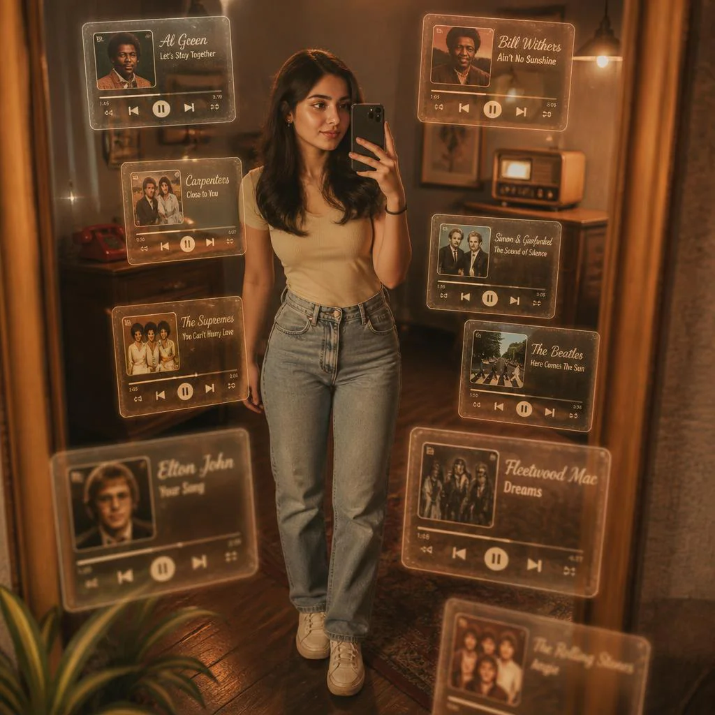 Vintage-Inspired Mirror Selfie with Retro Music Cards | Realistic Cinematic Mirror