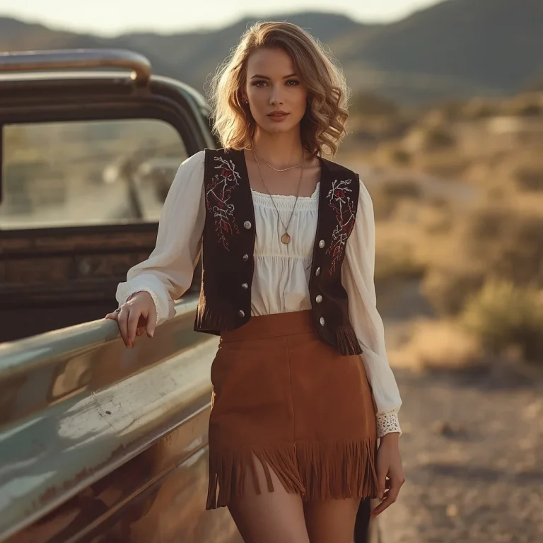 Vintage Western Belle in Embroidered Suede Vest | Charming Three-quarter Woman
