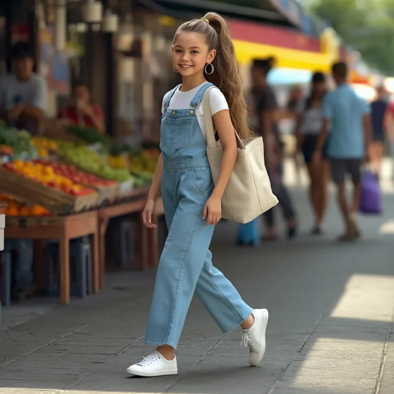Weekend Market Stroll: Girl in Jumpsuit and Sneakers | Gemini traditional prompt in english