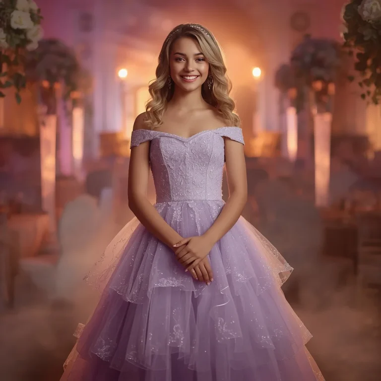 Youthful Gala Debut: Sparkling Tulle A-Line Gown in Lavender | lighting ai prompt